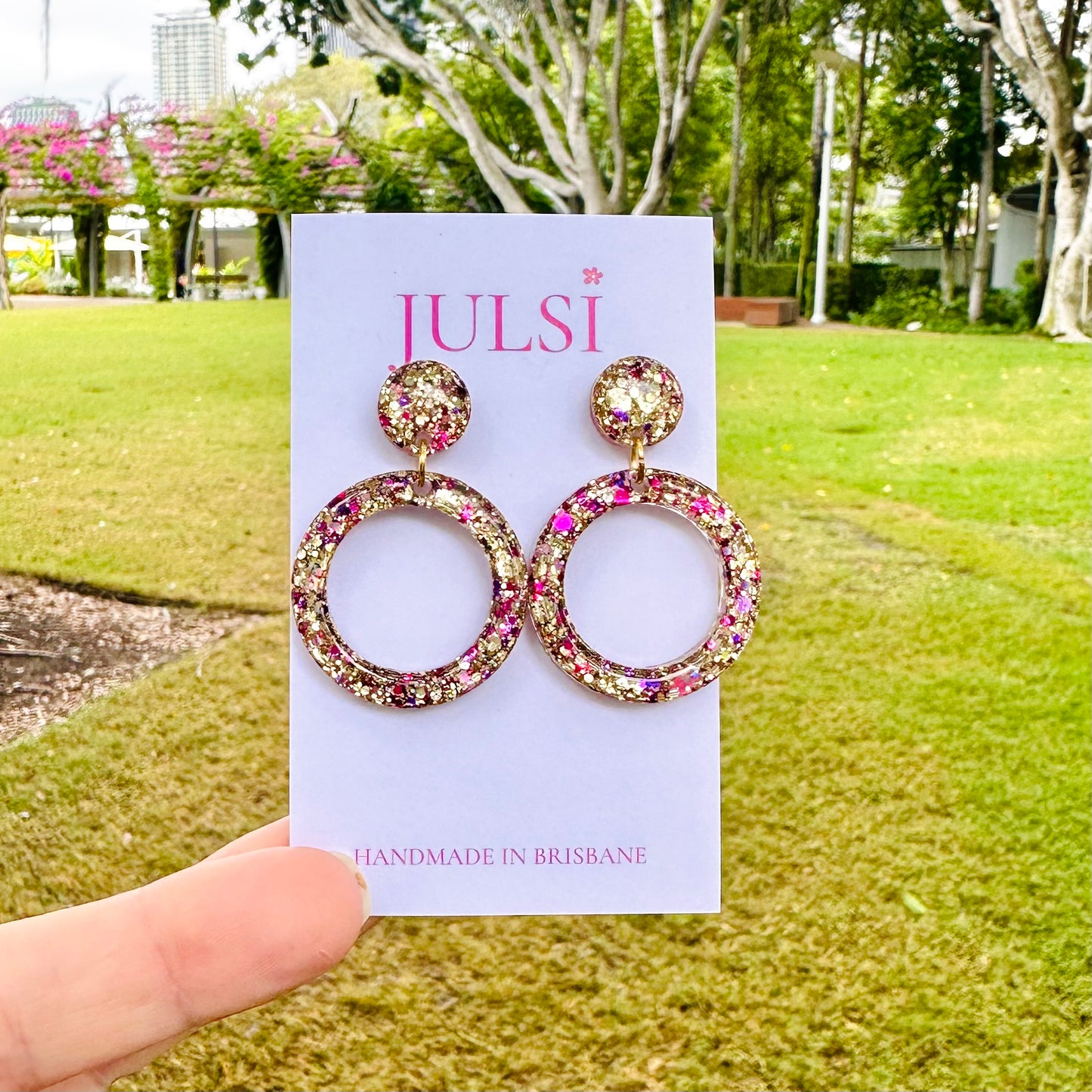 Magenta & Gold Glitter Hoop Earrings