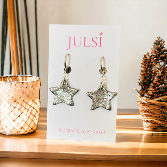 Silver Star Glitter Clip On Earrings