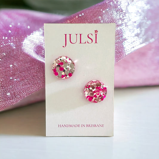 Pink & Silver Glitter Studs - 18mm