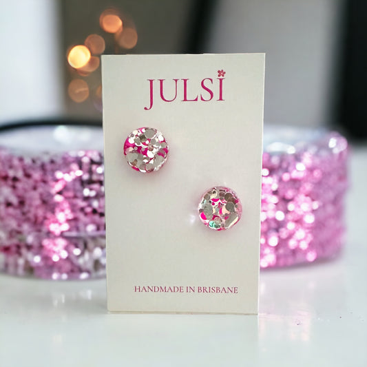 Pink & Silver Glitter Studs - 15mm