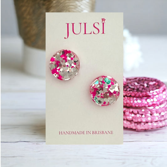 Pink & Silver Glitter Studs - 20mm