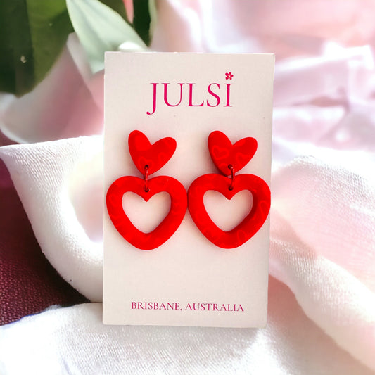 Double Red Heart Earrings