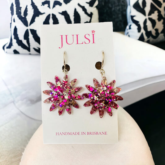 Pink & Gold Flower Glitter Clip on Earring