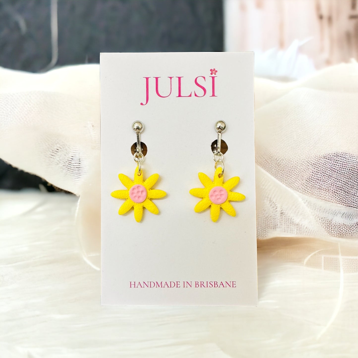 Yellow & Pink Flower Clip on Earrings