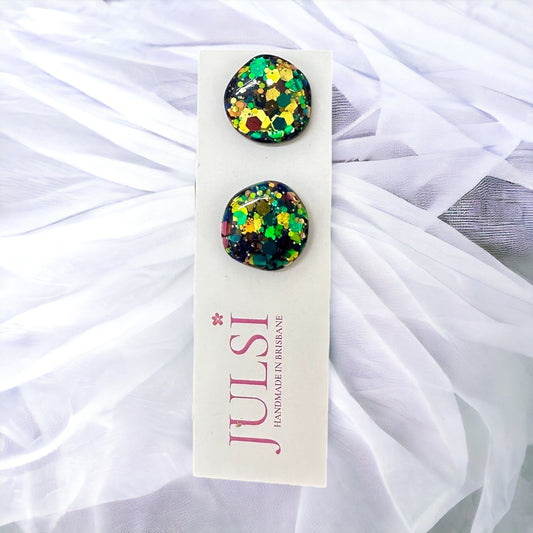 Green, Gold, Blue Glitter Clip On Earrings