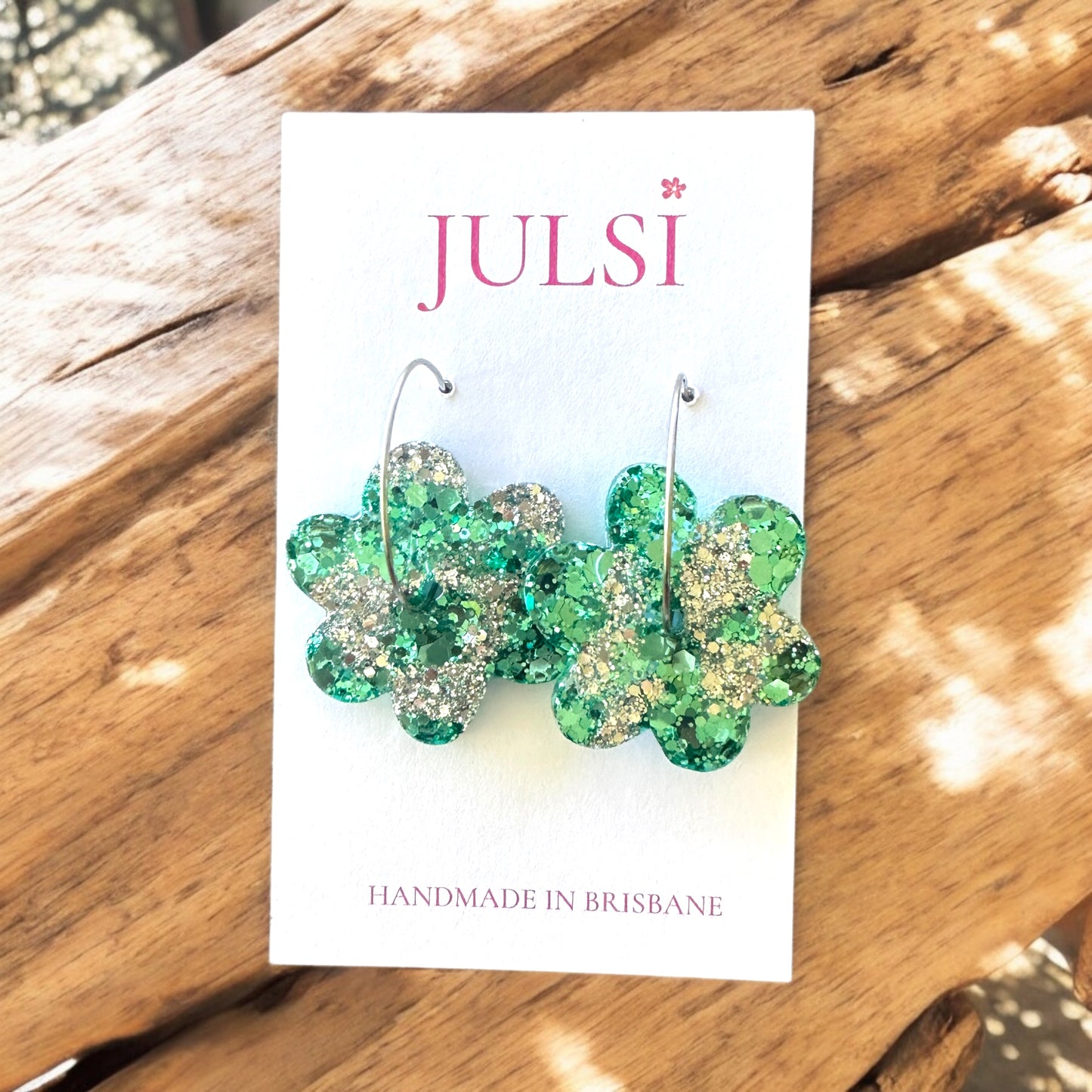 Blue & Green Glitter Flower Earrings