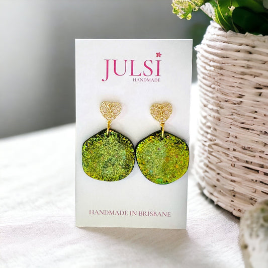 Green Shimmer Drop Earring with Gold, Heart