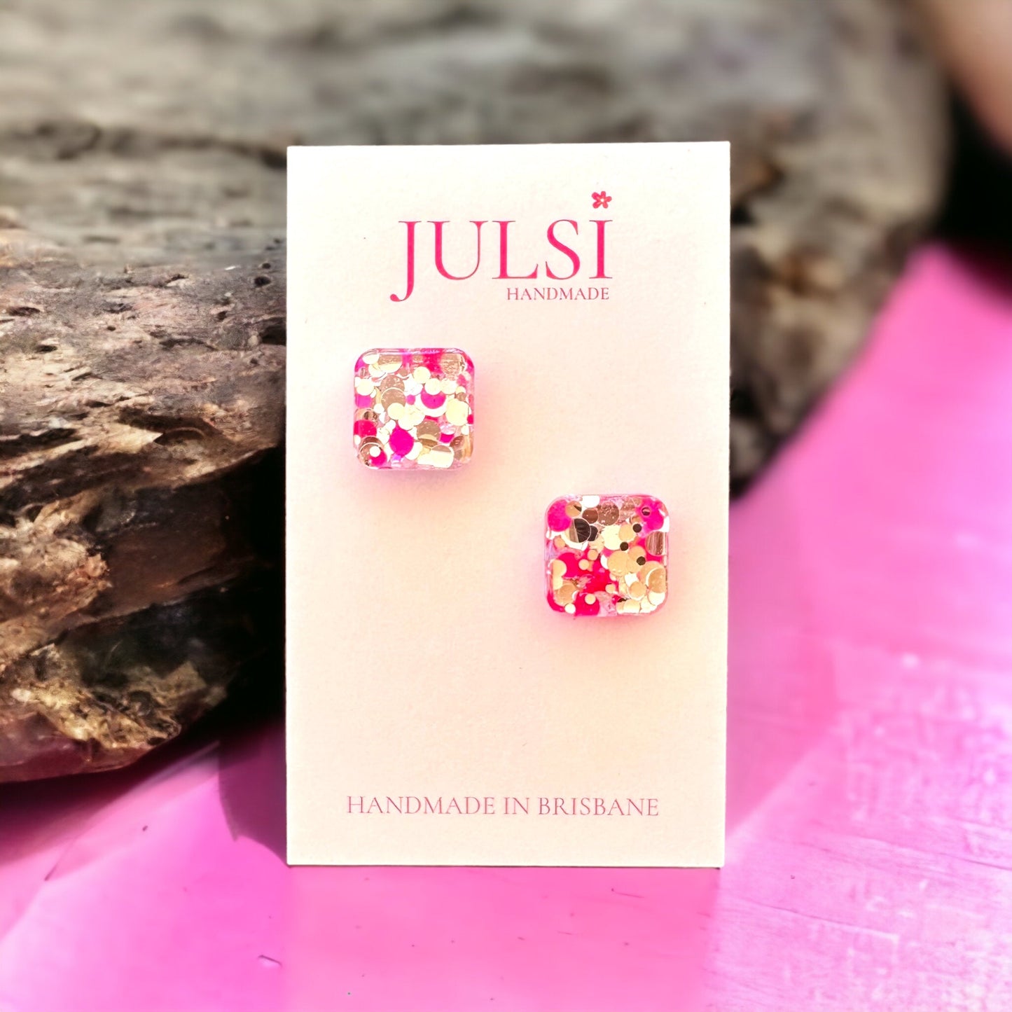 Pink & Silver Square Glitter Studs